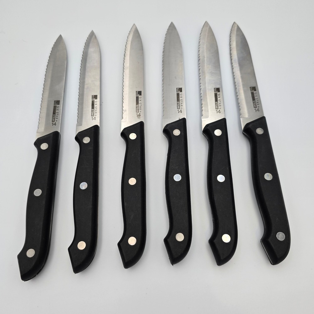 Ronco Six Star+ Steak Knife Set 6 Piece Stainless Steel Serrated Black Handle 14
